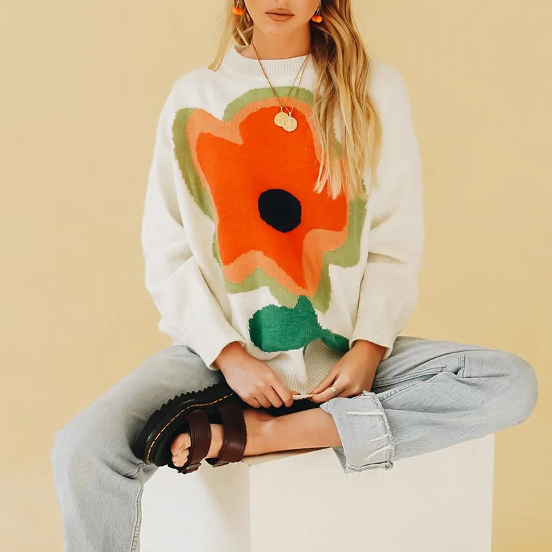 Women Color Block Sweater, Adults Loose Flower Pattern Round Neck Long Sleeve Pullover
Women Color Block Sweater, Adults Loose Flower Pattern Round Neck Long Sleeve Pullover