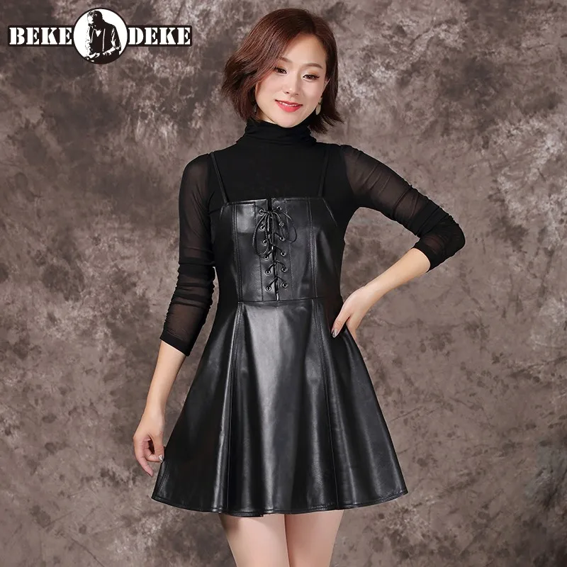 

Fashion 100% Real Leather Dress Women Elegant Office Lady Sheepskin Spaghetti Strap Dress Streetwear Black Zipper Short Dress