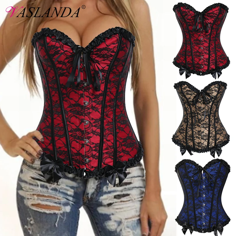 

Bustiers & Corsets Floral Lace Trim Steampunk Corset Vintage Boned Overbust Bustier Waist Trainer Shapewear Top Gothic Corselet