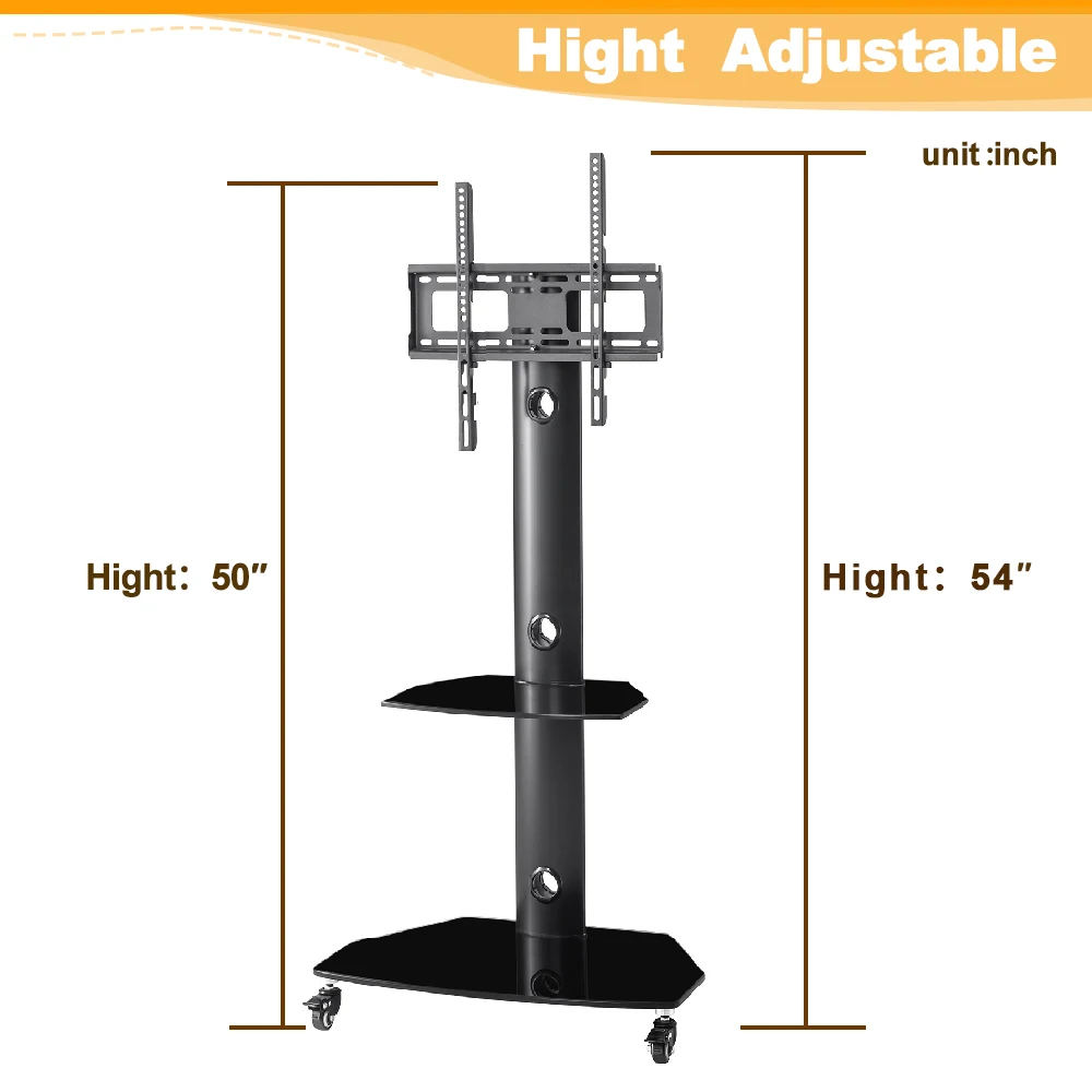 GOSKEY Height and Angle Adjustable Multi-Function Tempered Glass Metal Frame Floor With Lockable Wheels Mobile TV Stand
GOSKEY Height and Angle Adjustable Multi-Function Tempered Glass Metal Frame Floor With Lockable Wheels Mobile TV Stand