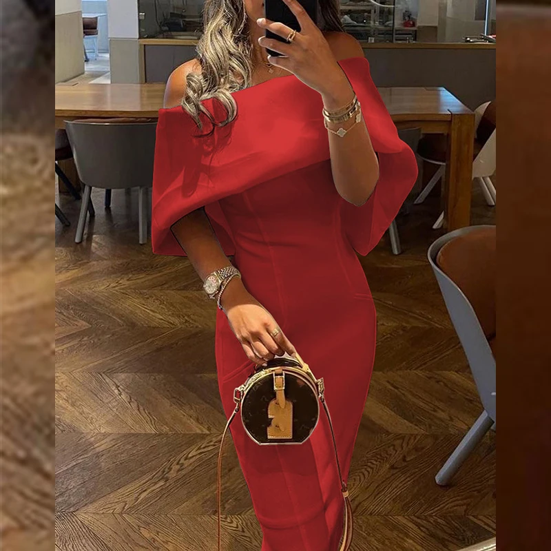 Women Casual Solid Color Long Dress Elegant Off Shoulder Cape Design Skinny Party Dress Autumn Fashion Back Bow Dress Vestido
Women Casual Solid Color Long Dress Elegant Off Shoulder Cape Design Skinny Party Dress Autumn Fashion Back Bow Dress Vestido