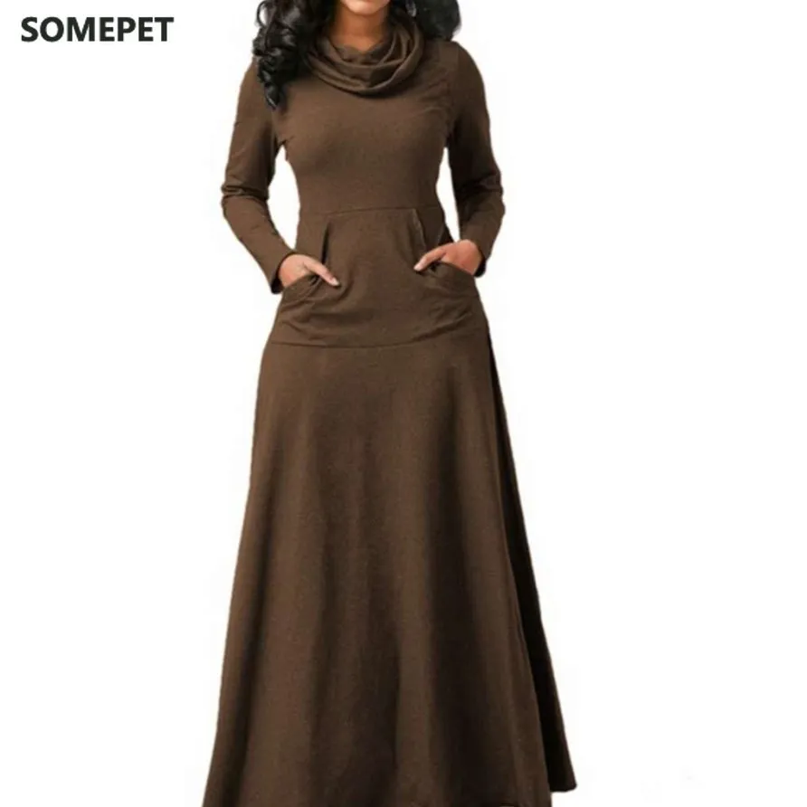 Women Warm Dress With Pocket Casual Solid Vintage Autumn Winter Maxi Dress Robe Bow Neck Long Elegant Dress 
Women Warm Dress With Pocket Casual Solid Vintage Autumn Winter Maxi Dress Robe Bow Neck Long Elegant Dress