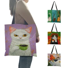 Cat Fish Art Shopping Bag Oil Painting Graphic Eco Linen Shoulder Bag Cute Harajuku Ulzzang Tote Shopper Bags for Grocerie