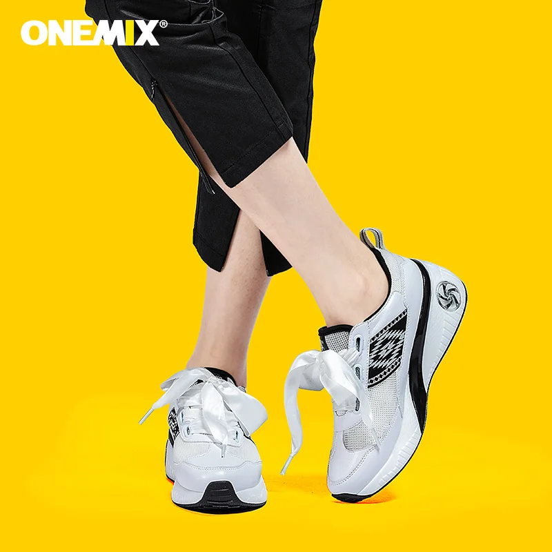 

ONEMIX Women Sneakers Leather Breathable Mesh Walking Shoes Woman Outdoor Platform High Heel Height Increasing Walking Dad Shoes