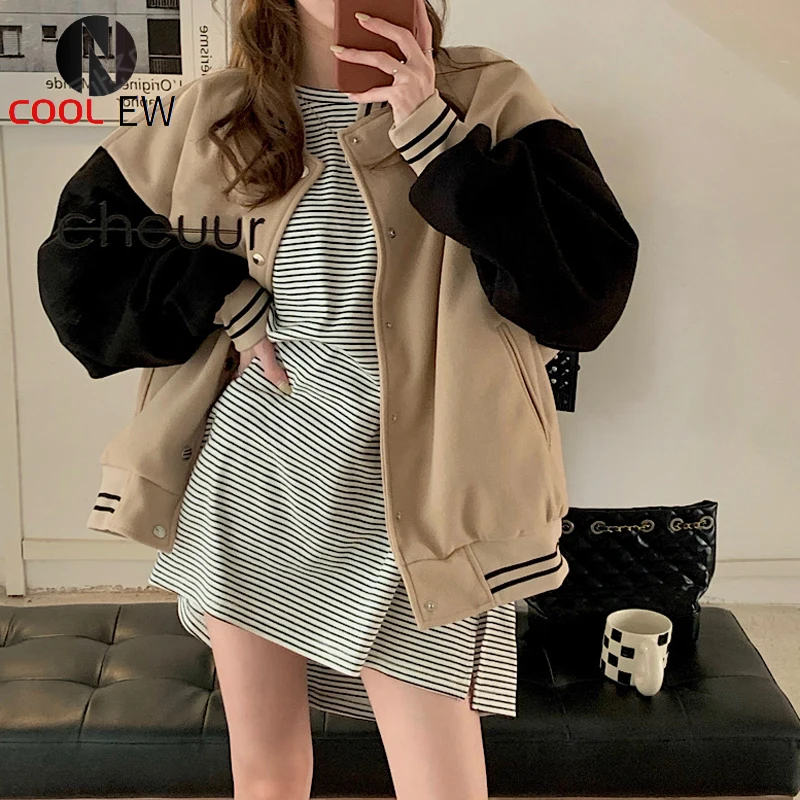 2021 Vintage Coffee Autumn Women's Baseball Jackets Color Block Oversized Bomber Jacket Women Preppy Stand Collar Female Coat
2021 Vintage Coffee Autumn Women's Baseball Jackets Color Block Oversized Bomber Jacket Women Preppy Stand Collar Female Coat