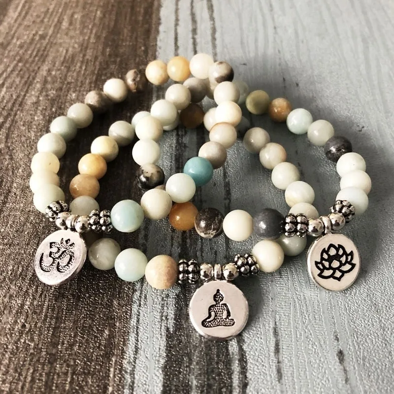Men Amazoned Stones Bracelet homme OM Lotus Buddha pulsera hombre Beaded Stretch Charm Lava Chakra Bracelets For Women Jewelry | Украшения