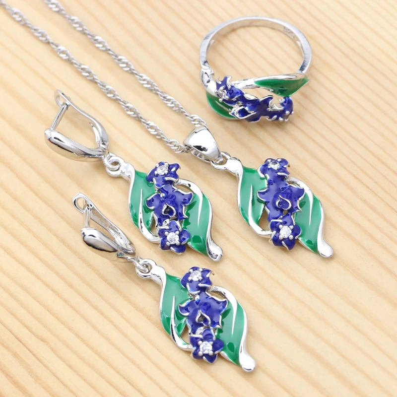925 Silver Bridal Jewelry Set for Woman Ring Pendant Necklace Earrings Green and Blue Enamel Plant Flower Zircon Jewelry 
925 Silver Bridal Jewelry Set for Woman Ring Pendant Necklace Earrings Green and Blue Enamel Plant Flower Zircon Jewelry