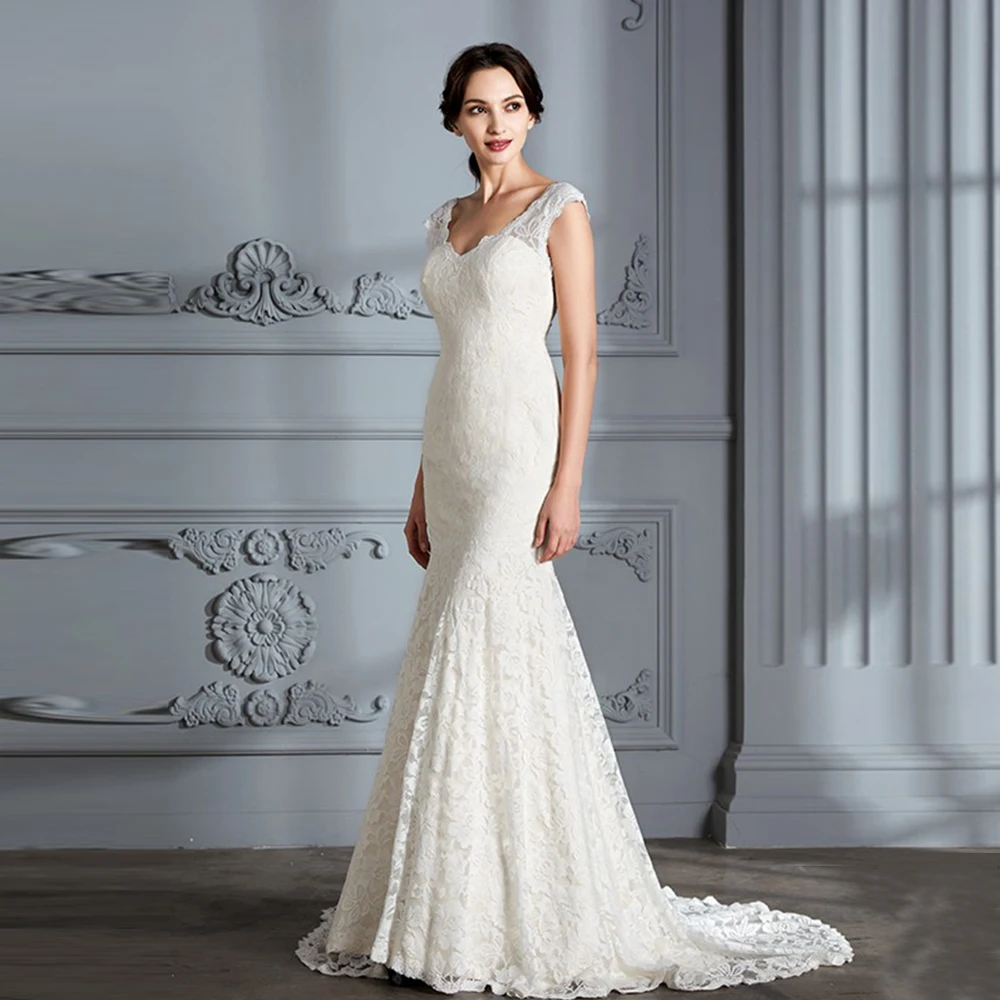 Elegant Lace Mermaid Wedding Dress Cap Sleeves Backless Button Back Charming Bridal Gowns For Bride Simple Woman Robe Mariee
Elegant Lace Mermaid Wedding Dress Cap Sleeves Backless Button Back Charming Bridal Gowns For Bride Simple Woman Robe Mariee