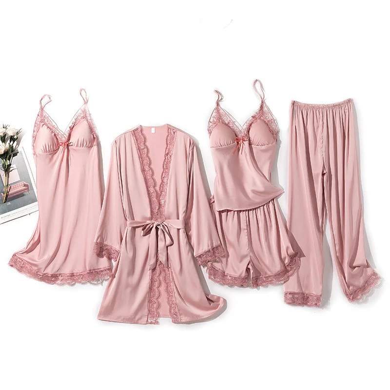 Spring Summer Women 5PCS Pajamas Robe Set Kimono Bath Gown Sexy Full Slip Lace Satin Sleewpear Trouser Suits Loose Home Clothes
Spring Summer Women 5PCS Pajamas Robe Set Kimono Bath Gown Sexy Full Slip Lace Satin Sleewpear Trouser Suits Loose Home Clothes