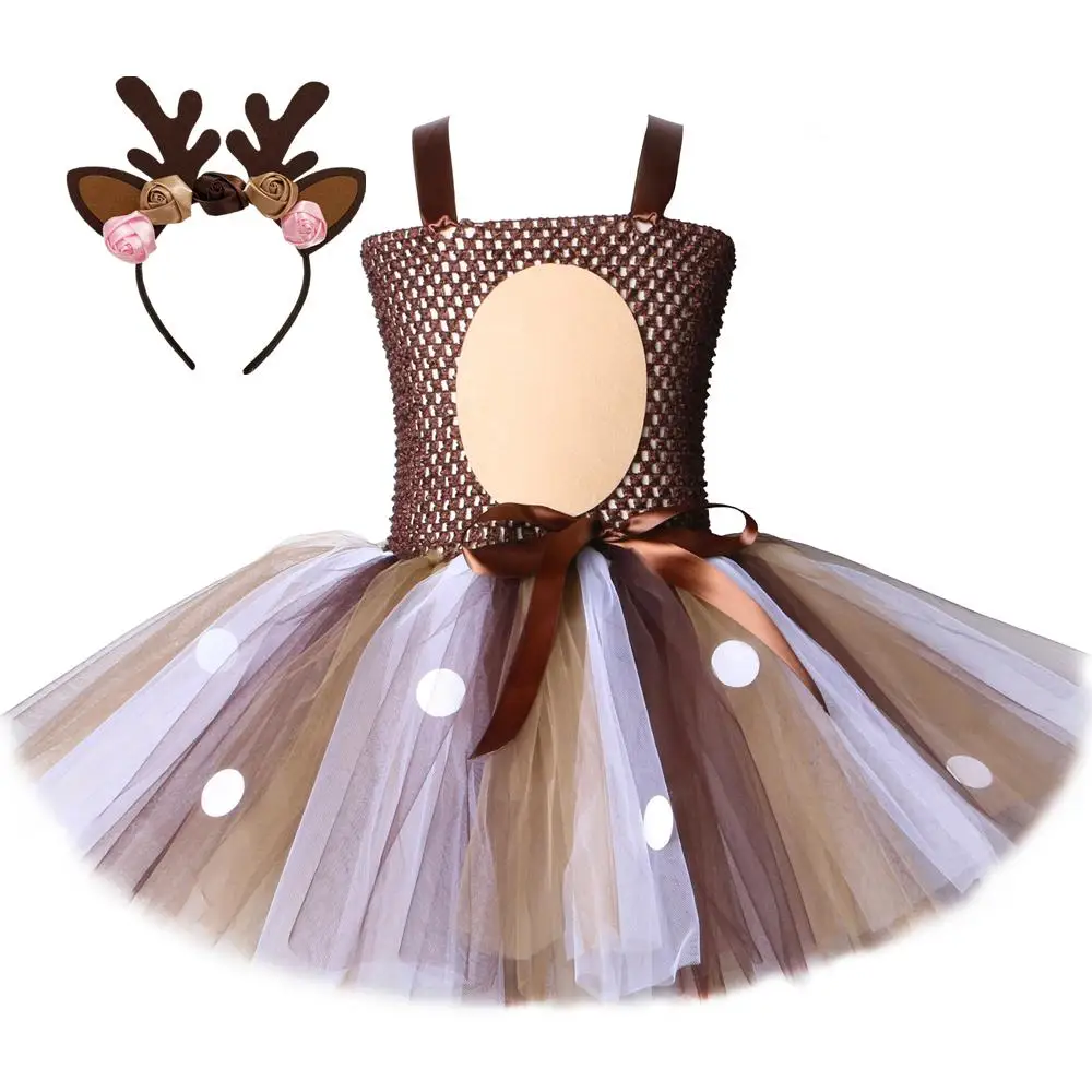 

2020 Christmas Deer Tutu Dress Baby Girls 1st Birthday Party Dresses Happy Purim Halloween Animal Cosplay Costume Clothes 1-12Y
