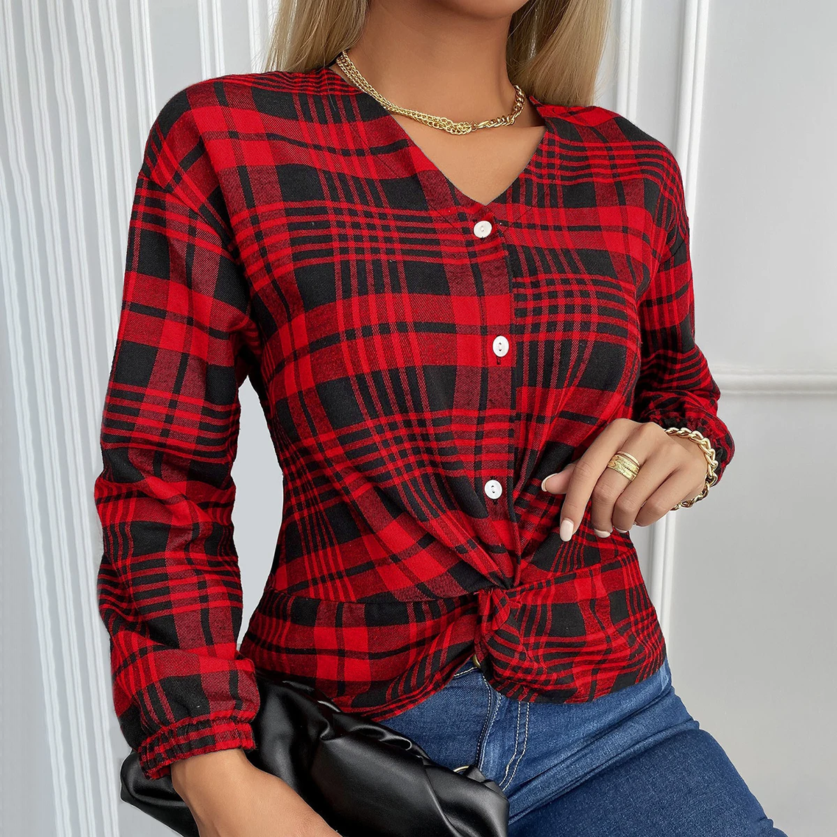 Autumn Winter Long-Sleeved Plaid Printed Blouse T-Shirt Women Top Vintage V Neck Casual Button Kink T Shirt Women's Clothing
Autumn Winter Long-Sleeved Plaid Printed Blouse T-Shirt Women Top Vintage V Neck Casual Button Kink T Shirt Women's Clothing
