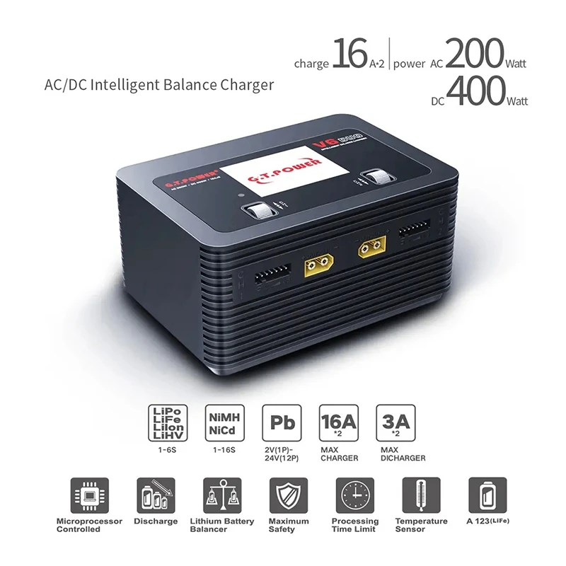 G.T.POWER V6 DUO AC 200W DC 400W 2X16A Battery Charger Discharger for 1-6S Lipo Battery RC Hobby US Plug
G.T.POWER V6 DUO AC 200W DC 400W 2X16A Battery Charger Discharger for 1-6S Lipo Battery RC Hobby US Plug