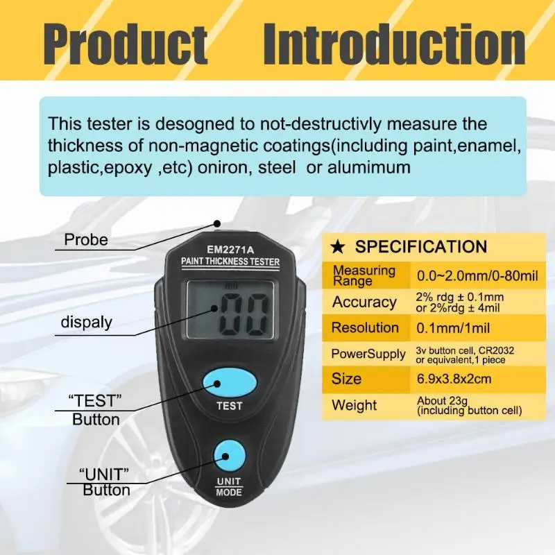 EM2271A Digital Coating Painting Thickness Gauge Automatic Digital Calibration Data Mini Size with LCD Display
EM2271A Digital Coating Painting Thickness Gauge Automatic Digital Calibration Data Mini Size with LCD Display