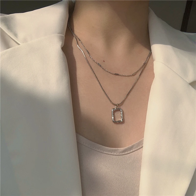 925 Sterling Silver Geometric Square Pendant Double Layer Necklace Simple Personality Clavicle Chain Ladies Exquisite Jewelry | Украшения и