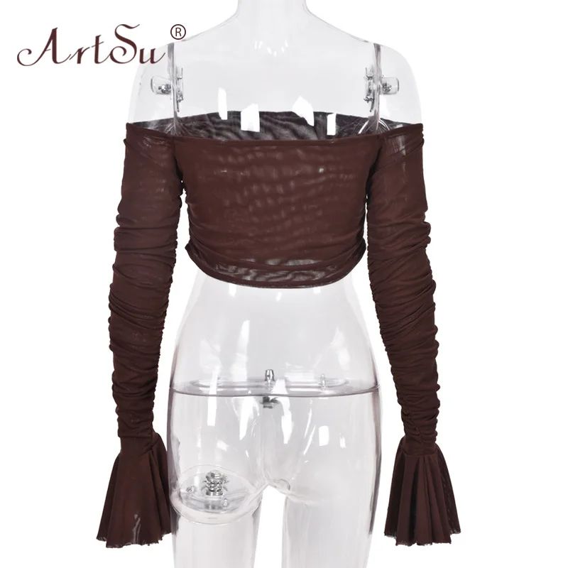 ArtSu Autumn 2021 New Flare Sleeve Brown Women Sexy Mesh Top Skinny Off Shoulder Crop Top Tshirts High Street Tee Shirt Femme
ArtSu Autumn 2021 New Flare Sleeve Brown Women Sexy Mesh Top Skinny Off Shoulder Crop Top Tshirts High Street Tee Shirt Femme