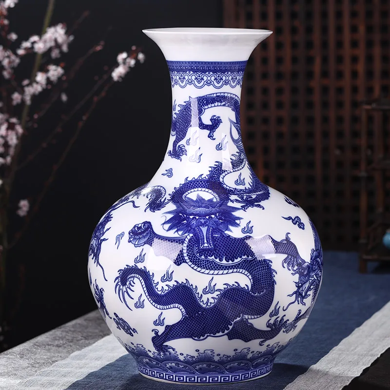 Цзиндэчжэнь сине белая Летающая дракона высокая ваза керамический пол предметы
