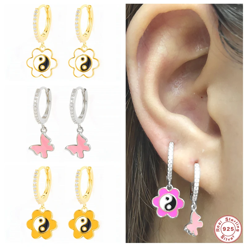 Модные серьги-подвески из стерлингового серебра с узором Инь-Янь, 2021, модные роскошные серьги-подвески с розовой эмалью и бабочкой 
Модные серьги-подвески из стерлингового серебра с узором Инь-Янь, 2021, модные роскошные серьги-подвески с розовой эмалью и бабочкой