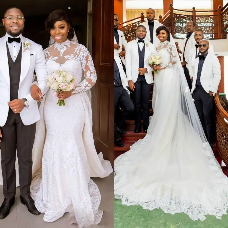 Plus Size Wedding Dresses with Detachable Train High Neck Lace Appliqued Long Sleeves Mermaid Custom Made African Bridal Gowns
Plus Size Wedding Dresses with Detachable Train High Neck Lace Appliqued Long Sleeves Mermaid Custom Made African Bridal Gowns