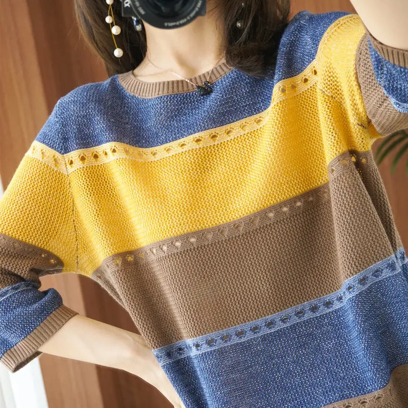 Woman Sweaters Fall 2020 Thin Knitted Short Sleeve round Neck Loose Striped Hollow out Femme Chandails Pull Hiver
Woman Sweaters Fall 2020 Thin Knitted Short Sleeve round Neck Loose Striped Hollow out Femme Chandails Pull Hiver