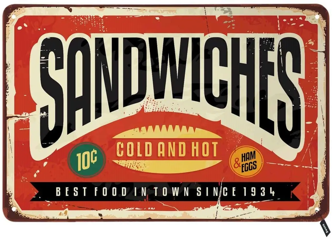 Sandwiches Tin Signs,Cold and Hot Best Food in Town Vintage Metal Tin Sign for Men Women,Wall Decor for Bars,Restaurants
Sandwiches Tin Signs,Cold and Hot Best Food in Town Vintage Metal Tin Sign for Men Women,Wall Decor for Bars,Restaurants