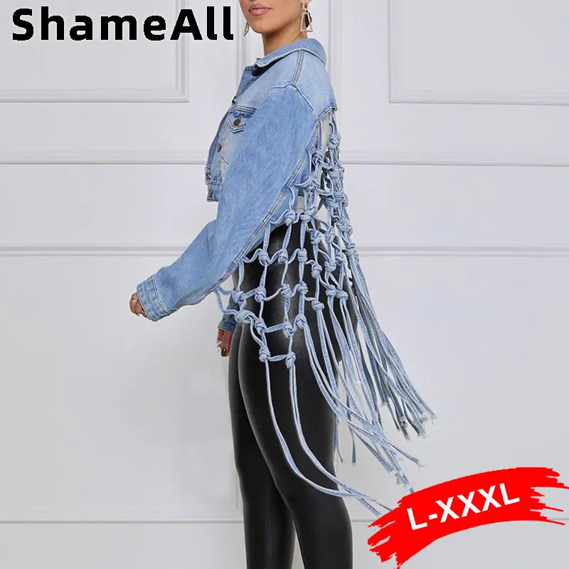 Plus Size Streetwear Woven Mesh Denim Bomber Jacket 3XL Harajuku Hollow Out Ripped Tassel Short Loose Jeans Jackets Jean Coats
Plus Size Streetwear Woven Mesh Denim Bomber Jacket 3XL Harajuku Hollow Out Ripped Tassel Short Loose Jeans Jackets Jean Coats