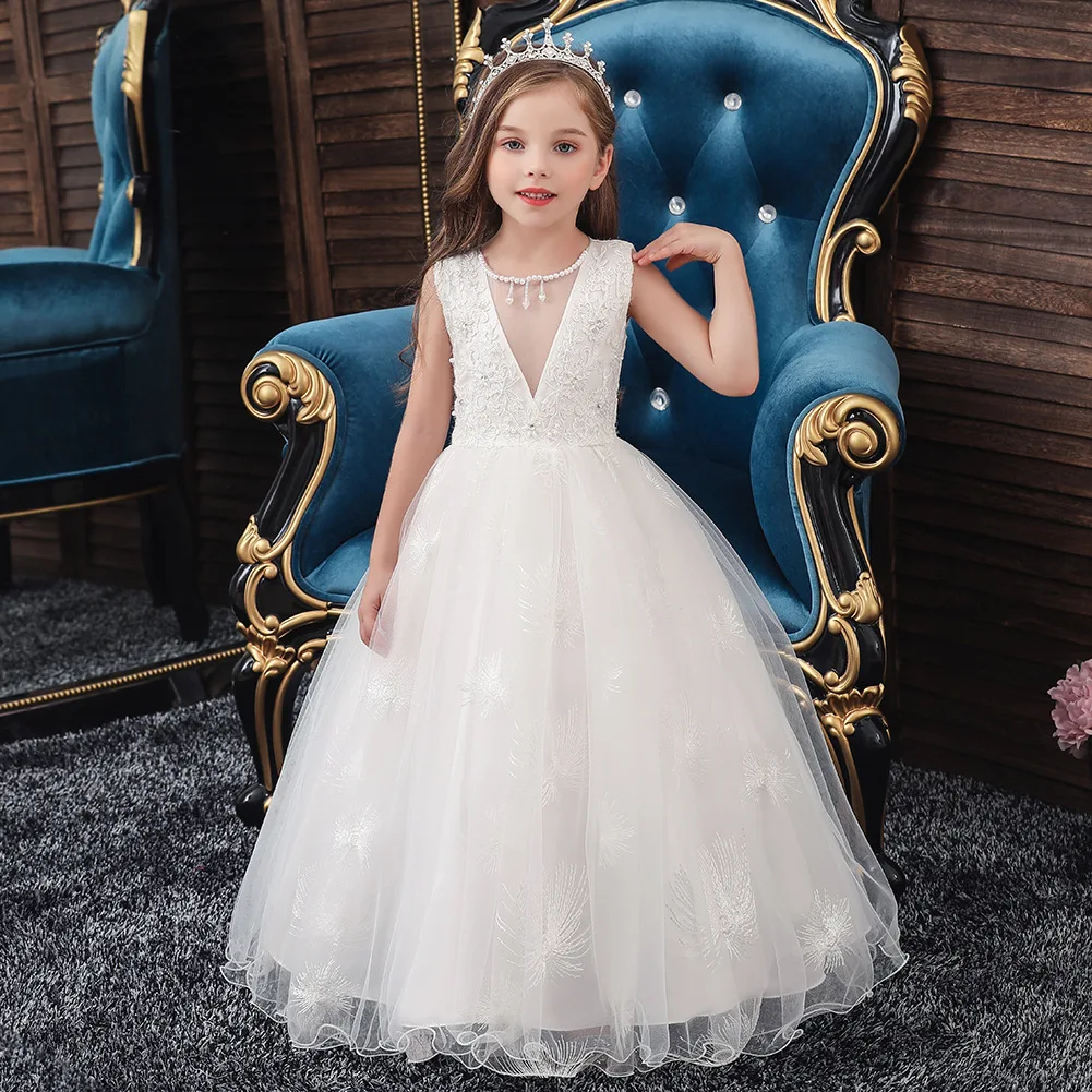 

Classic Tulle Flower Girl Wedding Dress Beading Lace Long Ball Gown Bridesmaid Costume Teen Kids Birthday Communion Dresses