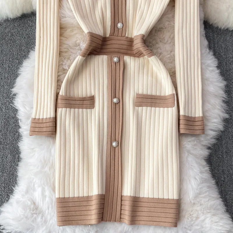Женское трикотажное мини-платье-свитер с V-образным вырезом | Женская одежда