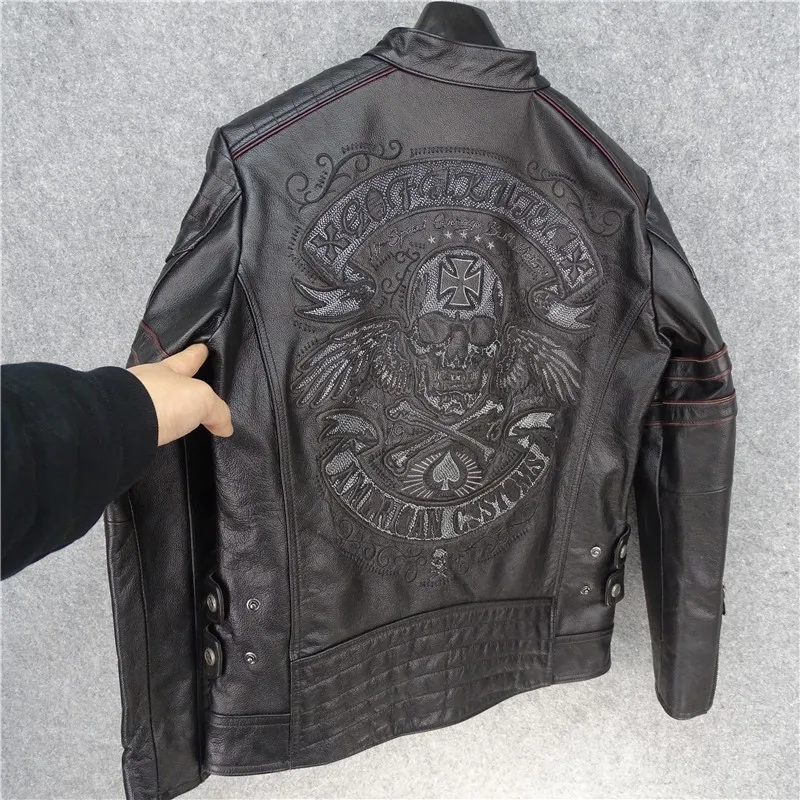 2020 Men Black Skull Embroidery Motorcycle Jacket Real Thick Cowhide Slim Fit XXXXL Russian Leather Coat FREE SHIPPING
2020 Men Black Skull Embroidery Motorcycle Jacket Real Thick Cowhide Slim Fit XXXXL Russian Leather Coat FREE SHIPPING