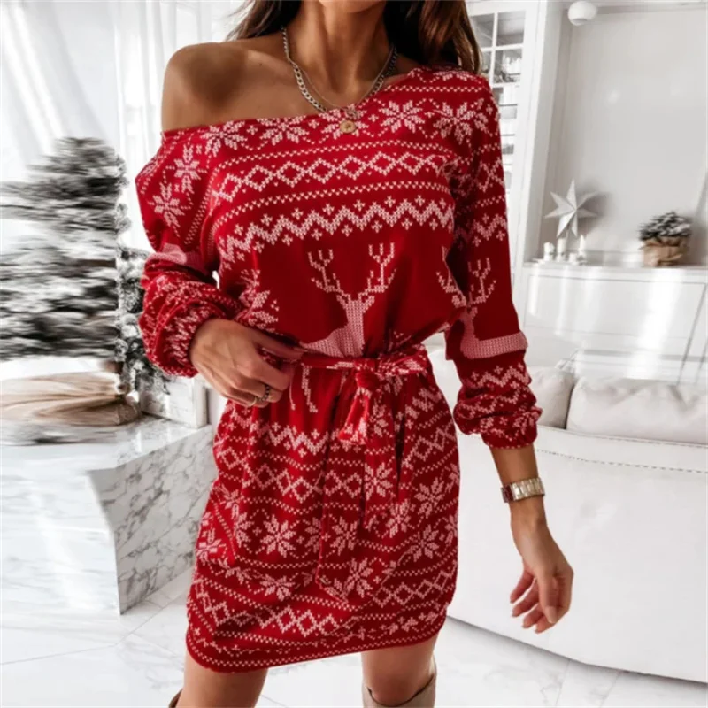 

Hirigin, женское рождественское платье 2021, зимнее теплое короткое вязаное платье мини с длинным рукавом, открытыми плечами и снежинками на весн...
