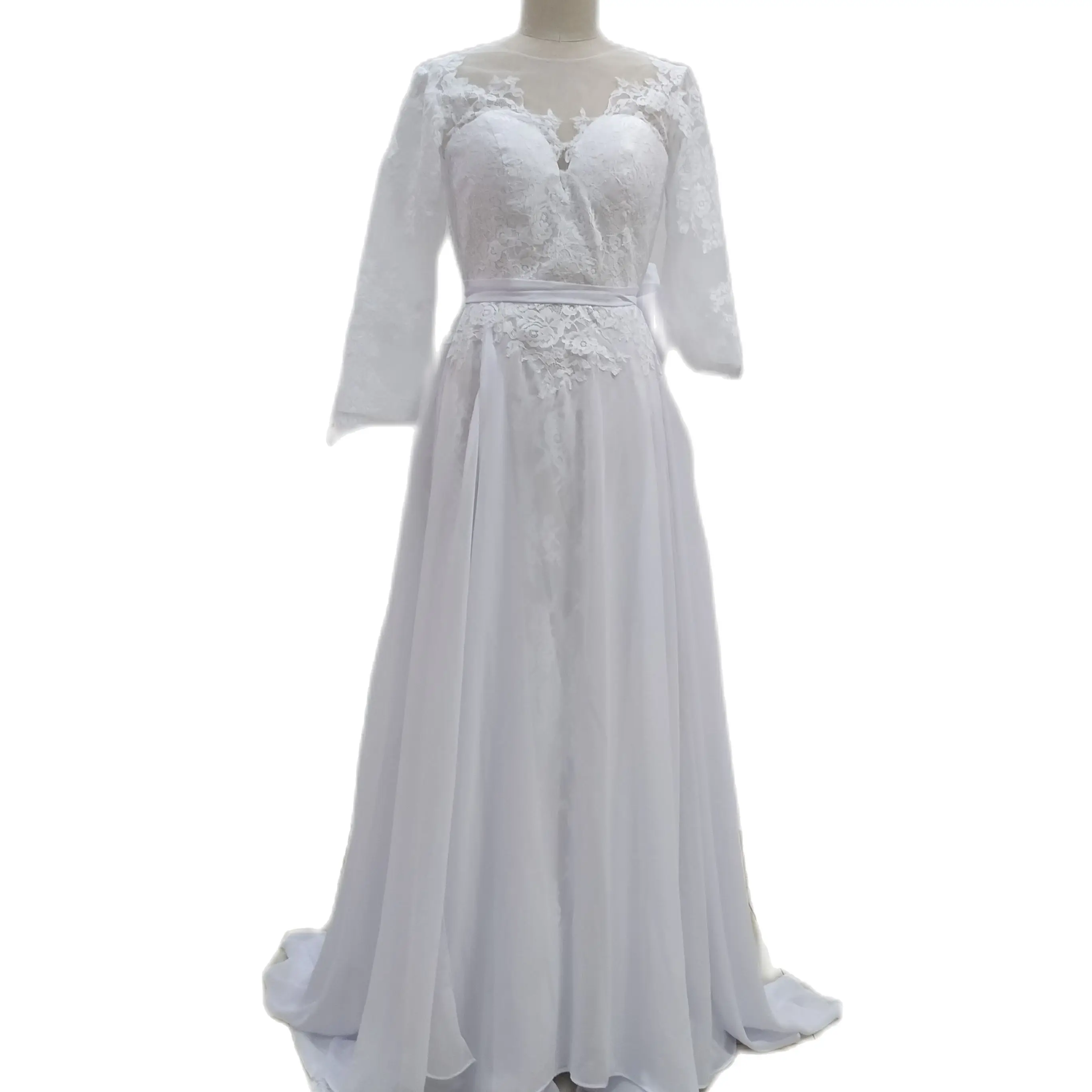 Real images White Chiffon Long Sleeves Lace Appliqued Natural A-line Court Train Zipper Up With Buttons Wedding Dress with bows
Real images White Chiffon Long Sleeves Lace Appliqued Natural A-line Court Train Zipper Up With Buttons Wedding Dress with bows