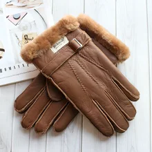 Sheepskin Fur Gloves Mens Thick Winter Warm Large Size Outdoor Windproof Cold Hand Stitching Sewn Leather Finger Gloves