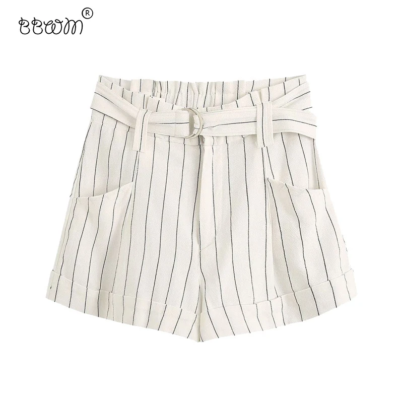 

Pop Women Elegant Vogue Striped Shorts With Belt Vintage Zipper Fly Pockets Short Pants Ladies Chic Pantalones Cortos