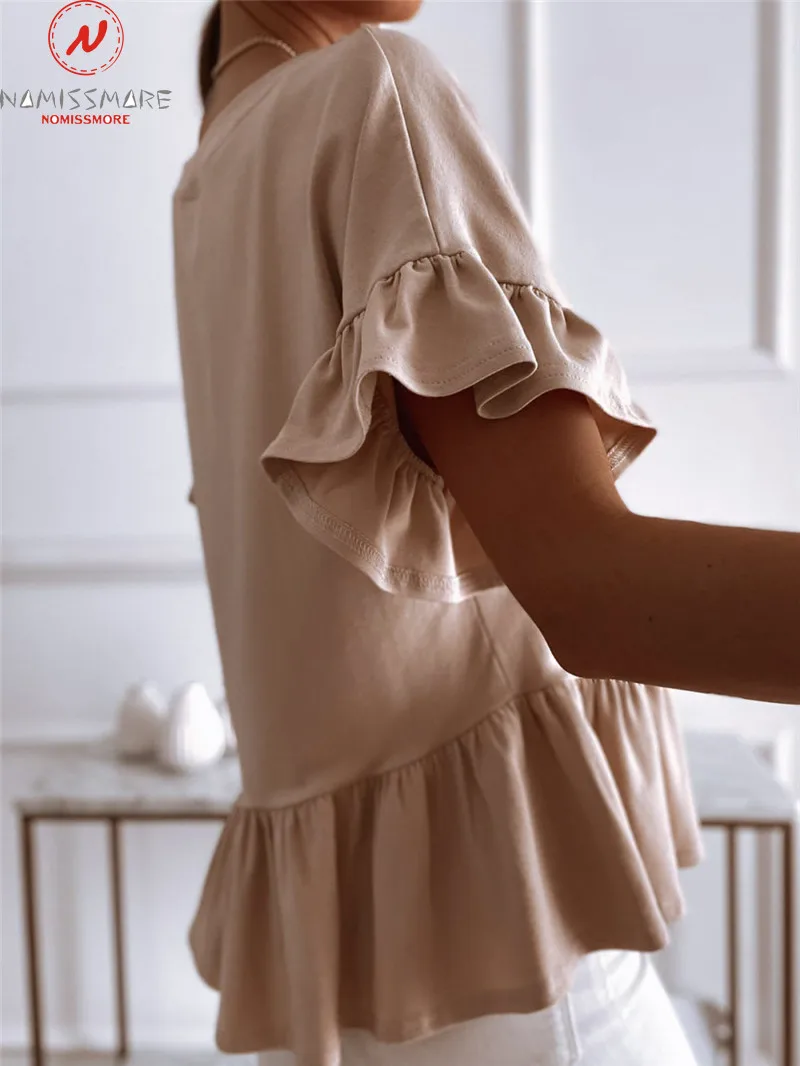 Fashion Women Summer Solid Color T-Shirts Irregular Design Ruffles Decor V-Neck Butterfly Short Sleeve Casua Loose Pullovers Top
Fashion Women Summer Solid Color T-Shirts Irregular Design Ruffles Decor V-Neck Butterfly Short Sleeve Casua Loose Pullovers Top