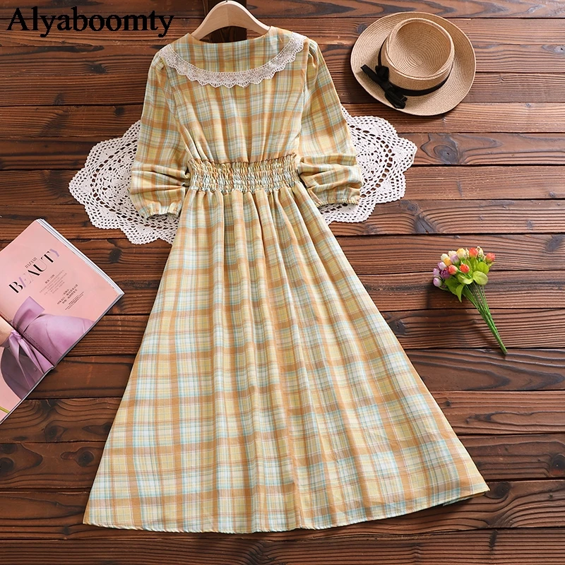 England Style Autumn Spring Women Long Dress Turn-Down Collar With Lace Contrast Color Dress Vintage Elegant Plaid Sweet Dress
England Style Autumn Spring Women Long Dress Turn-Down Collar With Lace Contrast Color Dress Vintage Elegant Plaid Sweet Dress