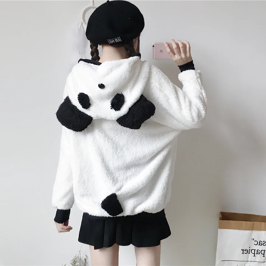 

VOOCIEC 2020 Keep warm autumn and winter Japanese soft girl cute panda plush hooded zipper long sleeve jacket wo