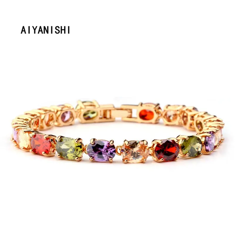 

Женские позолоченные браслеты AIYANISHI, цветные овальные браслеты из 18-каратного золота 6 мм с сапфировым стеклом