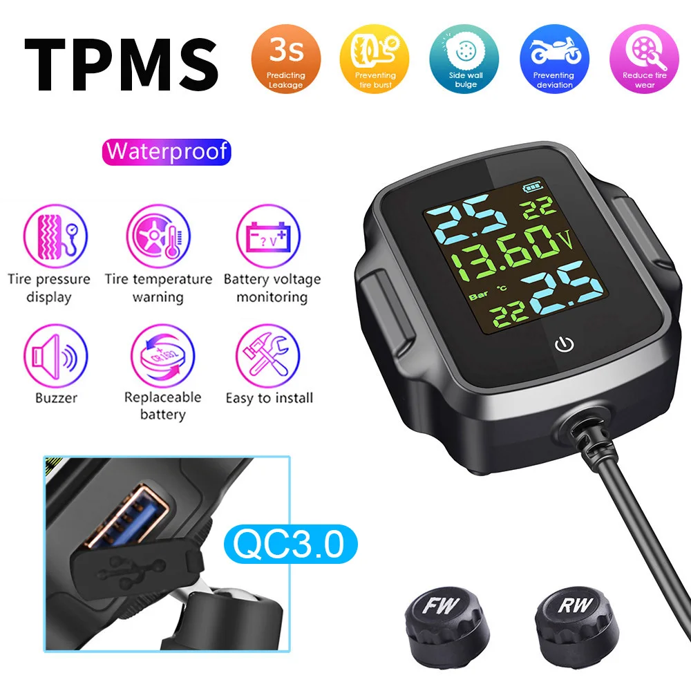 Motorcycle TPMS Motorbike Tire Pressure Monitoring System Tyre Temperature Alarm System QC 3.0 Phone Charging USB Power Bank
Motorcycle TPMS Motorbike Tire Pressure Monitoring System Tyre Temperature Alarm System QC 3.0 Phone Charging USB Power Bank