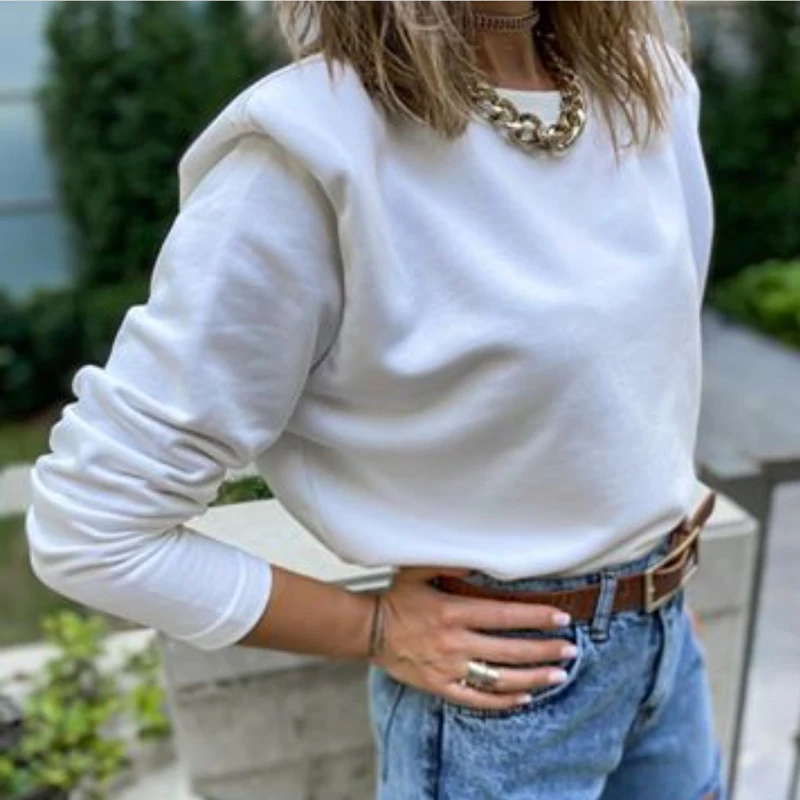 Women Basic Fashion Pullover Casual Shoulder Pads Plus Fleece Sweatshirt Solid Color Round Neck Long Sleeve Autumn Tops MX0054 
Women Basic Fashion Pullover Casual Shoulder Pads Plus Fleece Sweatshirt Solid Color Round Neck Long Sleeve Autumn Tops MX0054