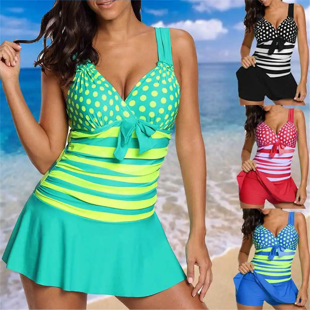 

5 Colors Women Fashion Sexy Wide Strap Polka Dot Tankini Stripes Two Piece Sets Push Up Print Beachwear Swimdress and Short