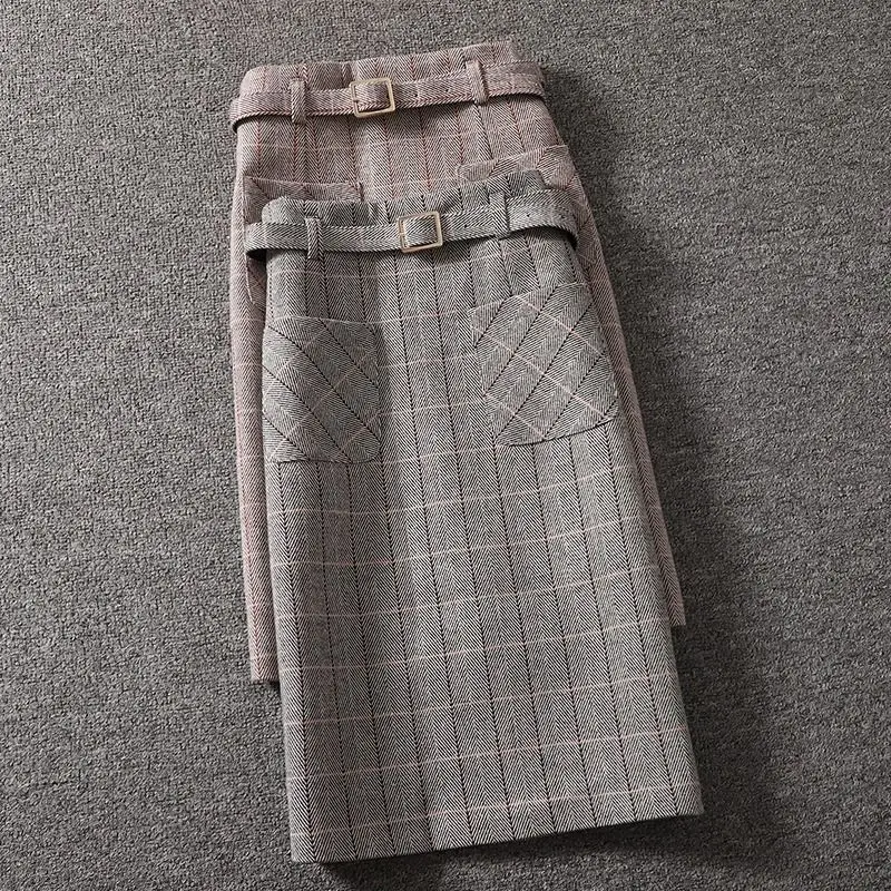 

Autumn Winter High-waisted Skirt With Belt 2020 Woolen Pockets Long Slit Skirt Waistband Woman Skirts Mujer Faldas Saias Mulher