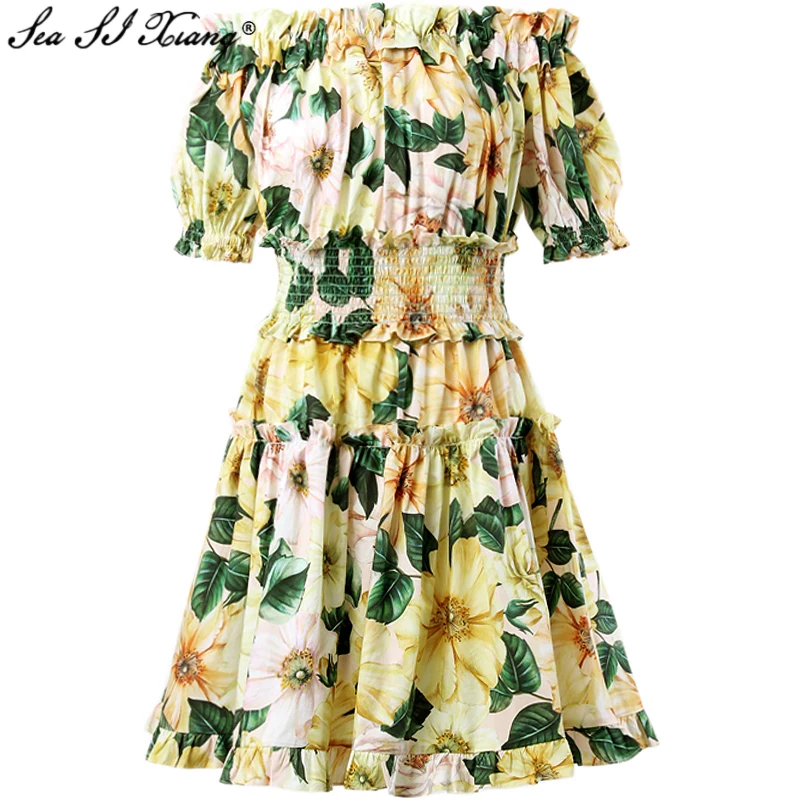 

Seasixiang Fashion Designer Summer Cotton Dress Women Slash neck Puff Sleeve Camellia print Elastic waist Vacation Mini Dresses