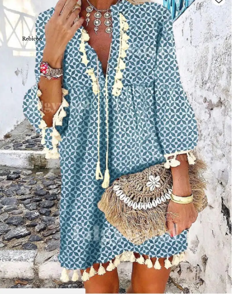 2021 Spring Vintage V Neck Tassel Party Dress Women Elegant Floral Print 3/4 Sleeve Mini Dress Ladies Summer Casual Dress 3Xl
2021 Spring Vintage V Neck Tassel Party Dress Women Elegant Floral Print 3/4 Sleeve Mini Dress Ladies Summer Casual Dress 3Xl