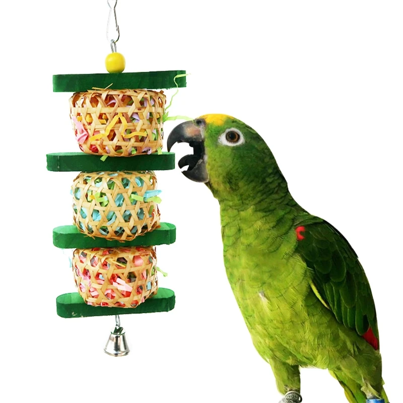 

Parrot Shredder Paper Toys Hanging Wood Rattan Foraging Chewing Toy Bird Bite with Bells Cage Accessories