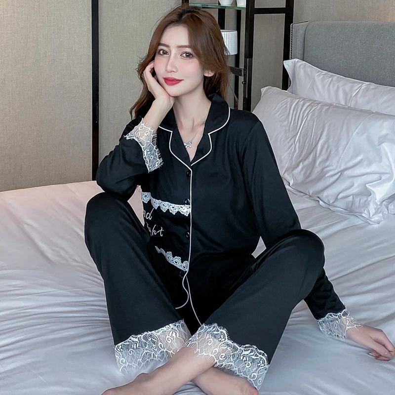 Cool Black Pajamas For Women New Autumn Turn-down Collar Pyjamas Long-sleeved Trousers Cotton Sleepwear Femme Nightwear
Cool Black Pajamas For Women New Autumn Turn-down Collar Pyjamas Long-sleeved Trousers Cotton Sleepwear Femme Nightwear