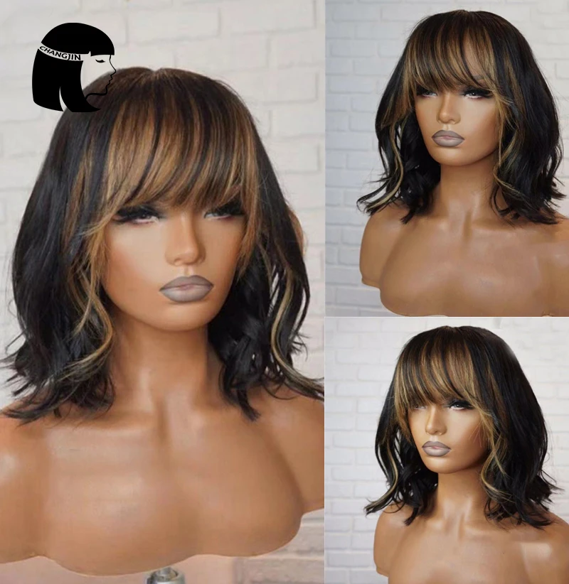 

Highlight Honey Blonde Full Machine Made Wigs With Bangs #27 Color Remy Brazilian Short Bob Wavy Human Hair For Women 150Density