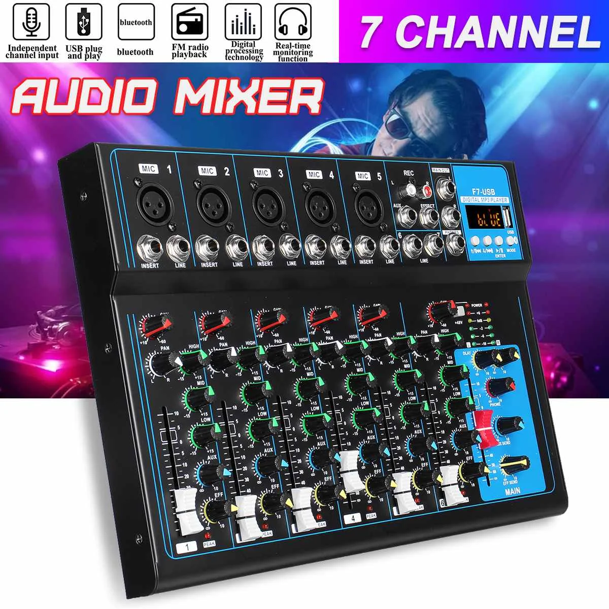 CLAITE 7 Channel bluetooth Karaoke Players DJ Mic Audio mixer Contrl LED Digital Display Music Stream KTV Match Party
CLAITE 7 Channel bluetooth Karaoke Players DJ Mic Audio mixer Contrl LED Digital Display Music Stream KTV Match Party