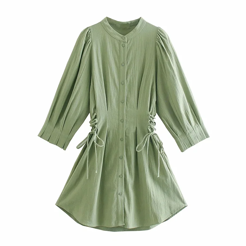 

Za Woman 2021 Spring Autumn Green Mini Shirt Dress Loose Casual Side Drawstring Office Lady Classic Lace Up Puff 3 Quarter Sleev