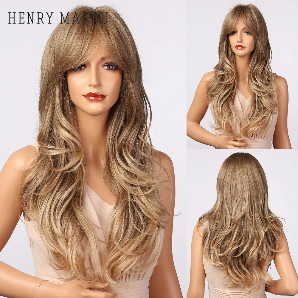 HENRY MARGU Long Wavy Cosplay Daily Wigs Ombre Brown Golden Blonde Gray Ash for Women Afro with Bangs Heat Resistant Fibre | Шиньоны и