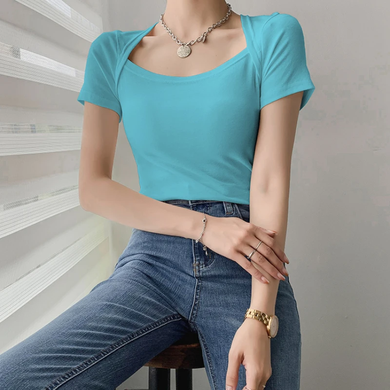 Summer Solid Color Cotton Elastic Slim T-shirts Women Retro Big Square Collar Short Sleeve Tee Shirt Female Elegant Tops Popular
Summer Solid Color Cotton Elastic Slim T-shirts Women Retro Big Square Collar Short Sleeve Tee Shirt Female Elegant Tops Popular