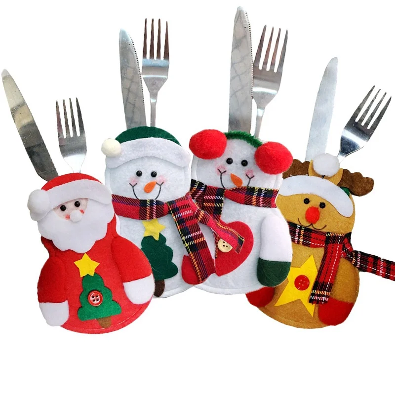 

Christmas Cutlery Silverware Holders Snowman Pockets Knifes Forks Bag Santa Suit Xmas Deer Hotel Party Dinner Table Decoration